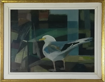 Billede af Helge Christensen maleriet "Måge på Kerteminde Havn"